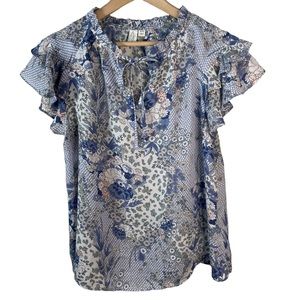 Joie Blue Floral Ruffled Neck Tie Flutter Sleeve Lightweight Blouse Size Medium